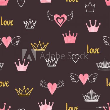 Seamess pattern with doodle crowns and hearts. Little princess design
