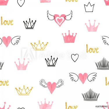Seamess pattern with doodle crowns and hearts. Vector baby print. Little prin... - 901151543
