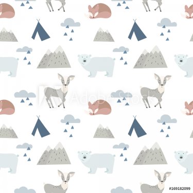 Seamless forest animals background with cute deer, bear and fox. Cartoon style.