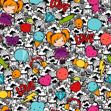 Seamless kawaii child pattern with cute doodles. - 901144175