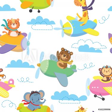 Seamless pattern with cute animal on planein sky. Vector illustration