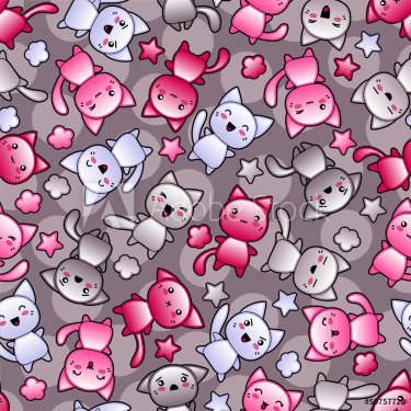 Seamless pattern with cute kawaii doodle cats. - 901140614