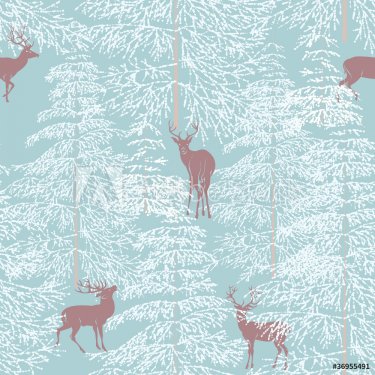 Seamless pattern with winter forest and reindeer - 900461632