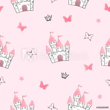 Seamless princess pattern with castle and butterflies. - 901151538