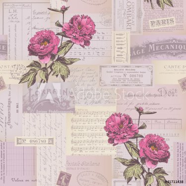 seamlessly tiling paper collage pattern with peonies - 900501378