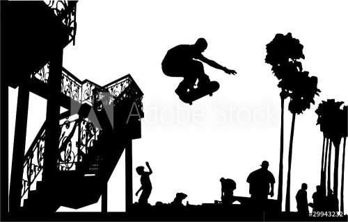 Skateboarder Leap With Spiral Stairs Silhouette Vector 06