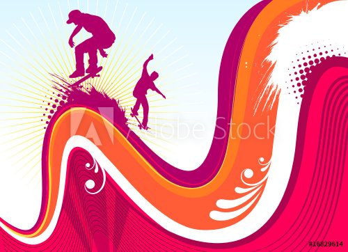 skaters with wave background