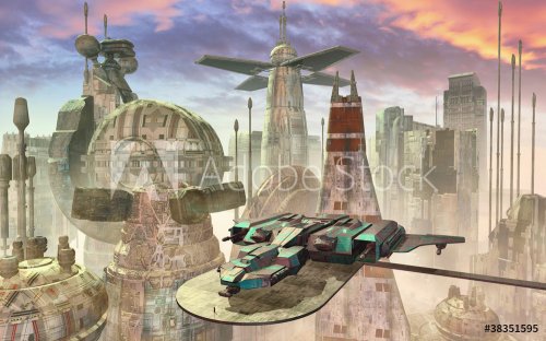 spaceship and futuristic city