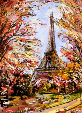 Street in autumn Paris. Eiffel tower -sketch illustration