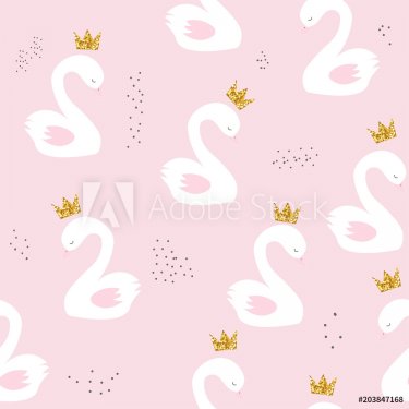 Swan princess with golden glitter crown seamless pattern. Cute childish print. Vector hand drawn illustration.