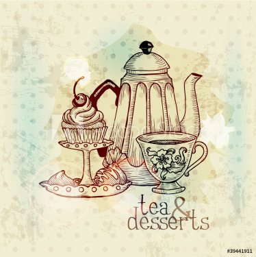 Tea and Desserts - Vintage Menu Card in vector - 900600936