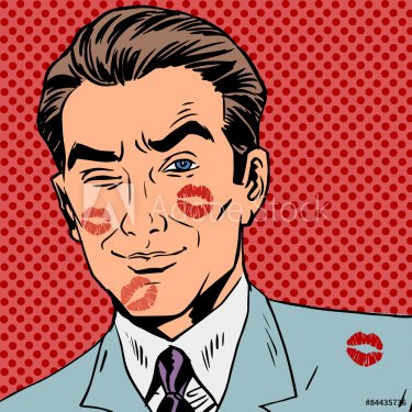 Traces of a kiss on the man face pop art retro - 901144707