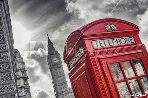 Traditional red british telephone Booth with Big Ben in London, United Kingdom - 901152769