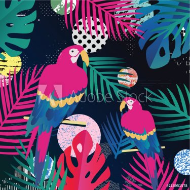 Tropical jungle leaves with parrots background. Colorful tropical poster design. Exotic leaves, plants and branches art print. Parrots wallpaper, fabric, textile vector illustration design