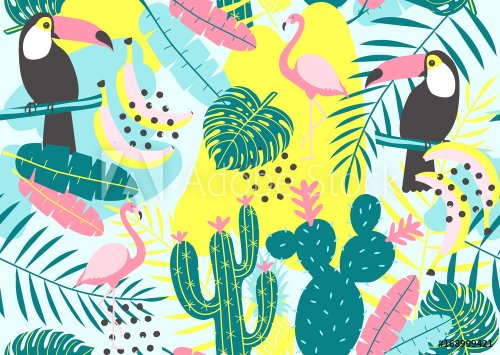 Tropical seamless pattern with toucan, flamingos, cactuses and exotic leaves.... - 901151047