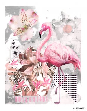 Tropical summer geometric poster design. Triangles and circle with grunge textures. Watercolor pink bird - flamingo. Exotic Abstract background, vintage. Hand painted illustration. doodles retro