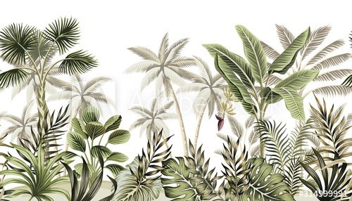 Tropical vintage botanical landscape, palm tree, banana tree, plant floral se... - 901156277