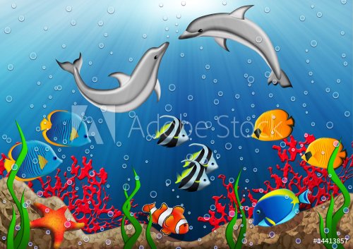 Underwater world with dolphins and tropical fishes - 900458918