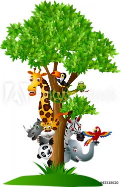 various funny cartoon safari animals to hide behind a tree - 900949512