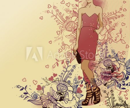 vector background with    a  girl dressed in a red  dress - 900511205