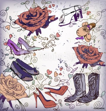 vector background with fashion shoes and blooming roses