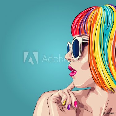 vector beautiful woman wearing colorful wig and white sunglasses  - 901146604