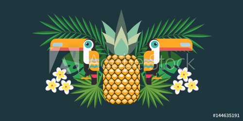 Vector illustration of tropical birds Toucans, pineapple, tropical flowers an... - 901152040