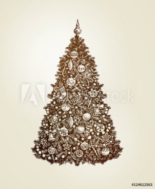 Vintage Christmas tree with xmas decorations. Hand-drawn sketch vector