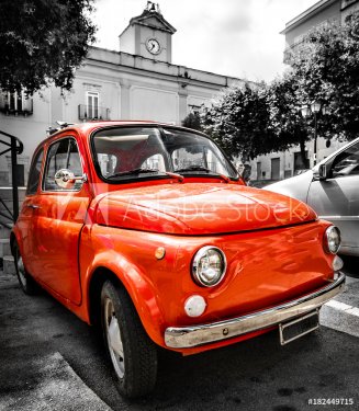 vintage red italian car old selective color black and white italy town 500