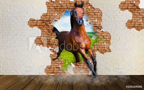 Wallpaper horse enters the room. 3D rendering.