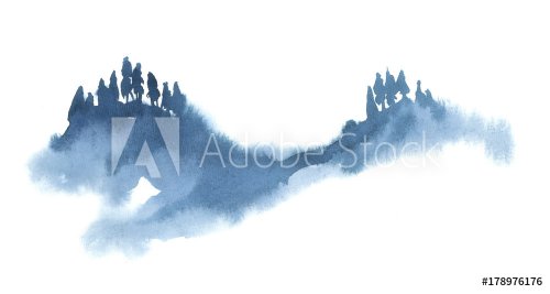 Watercolor illustration isolated on white background. Painting on wet. Blue forest in fog.