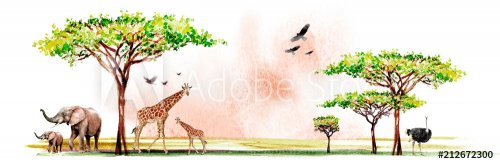 watercolor illustration of African wildlife, drawings of giraffes, elephants, eagles, birds and southern trees in the savannah