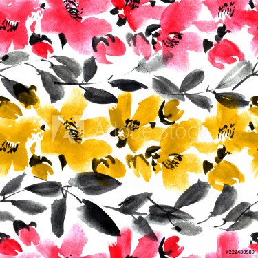 Watercolor pattern of blossom sakura flowers with leaves