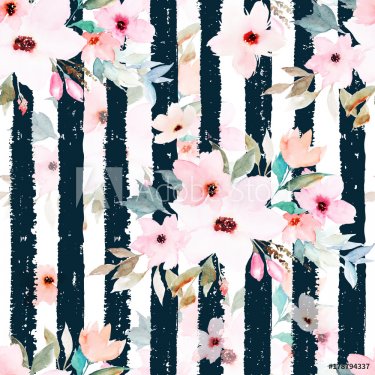 Watercolor seamless pattern on striped background. Floral print - 901153486
