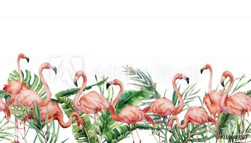 Watercolor tropical seamless border with flamingo and exotic leaves. Hand pai... - 901156279