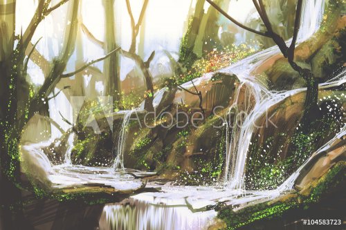waterfall in forest,illustration painting
