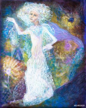 White fairy woman spirit in bright dress on abstract colorful  - 901146364