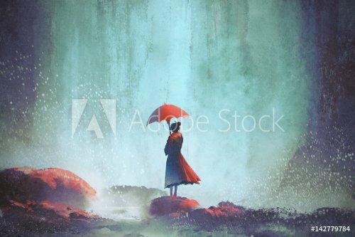 woman with an umbrella standing against waterfall, illustration painting - 901149150