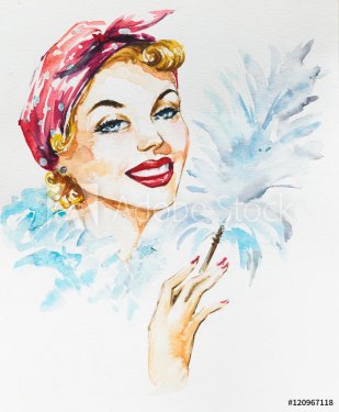 Young beautiful cleaning woman holding static duster.Picture created with watercolors.