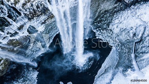 Aerial photo of the Seljalandsfoss waterfall in winter - 901156365