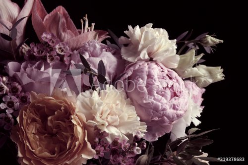 Beautiful bouquet of different flowers on black background. - 901156324