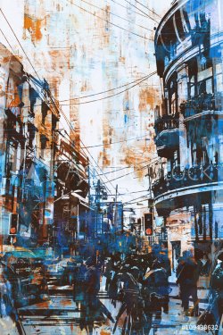 illustration painting of urban street with grunge texture - 901156311