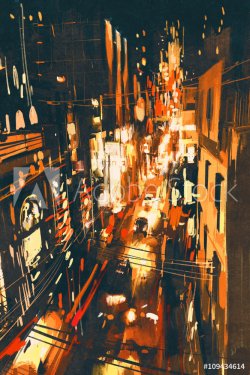 night scene of a street in city,illustration painting