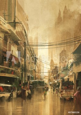 painting of city street view in vintage retro style - 901156312