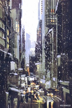 painting of winter city with snow