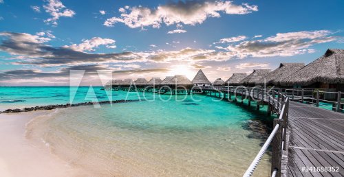 Scenic panoramic landscape view of luxury overwater bungalows at the beach an... - 901156375