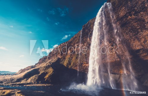 Seljalandsfoss waterfall at sunset, Iceland - 901156372