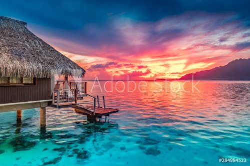 Stunning colorful sunset sky with clouds on the horizon of the South Pacific ... - 901156374