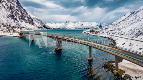 View from flying drone of Sundklakkbrua bridge. Dramatic winter scene of Lofo... - 901156377