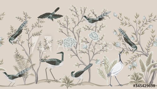 Vintage garden tree, birds, crane floral seamless border beige background. Exotic chinoiserie wallpaper.